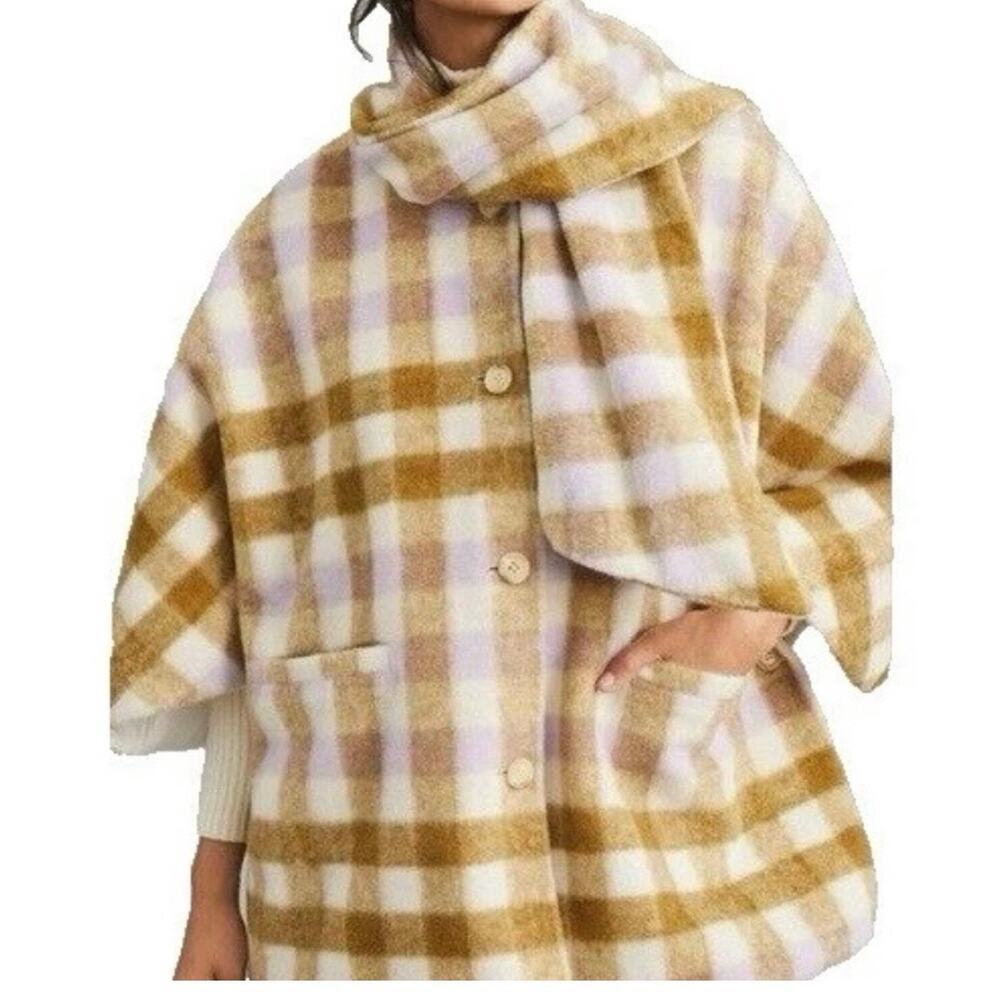 Maeve Anthropologie Cape Poncho Jacket Wool Blend Lilac Tan Plaid One Size